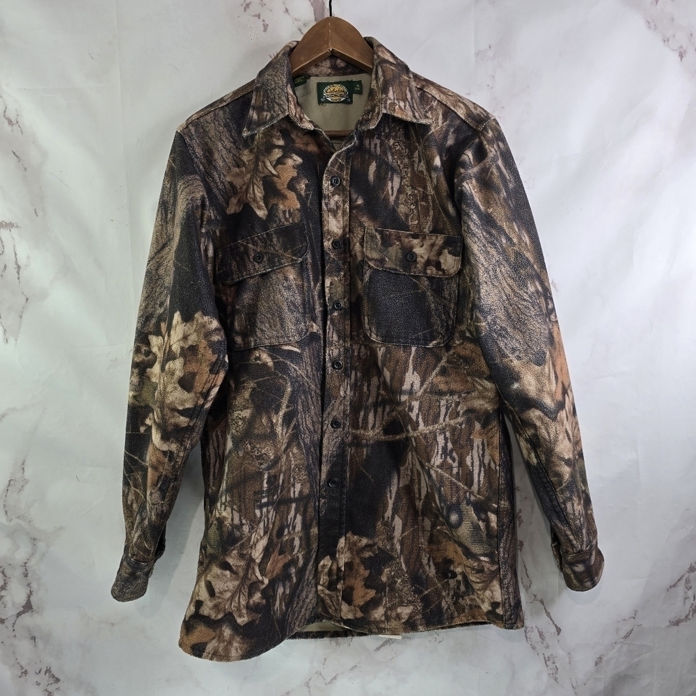 Cabelas Shirt Mens Medium Camo Fleece Button Up Break Up Vtg Heavyweight Tall